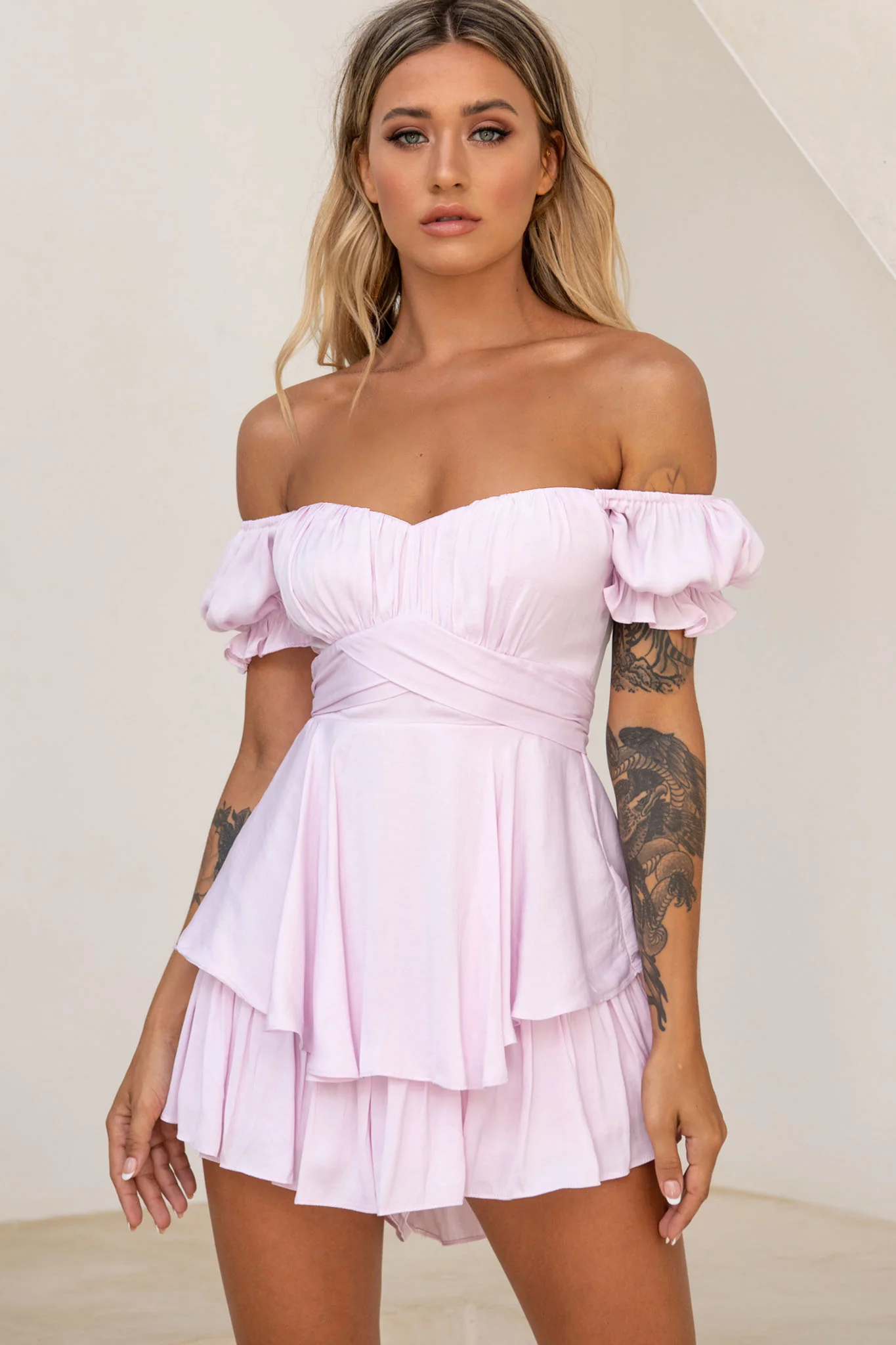 Linka Off-Shoulder Tie Back Romper Light Lilac - Sonourner
