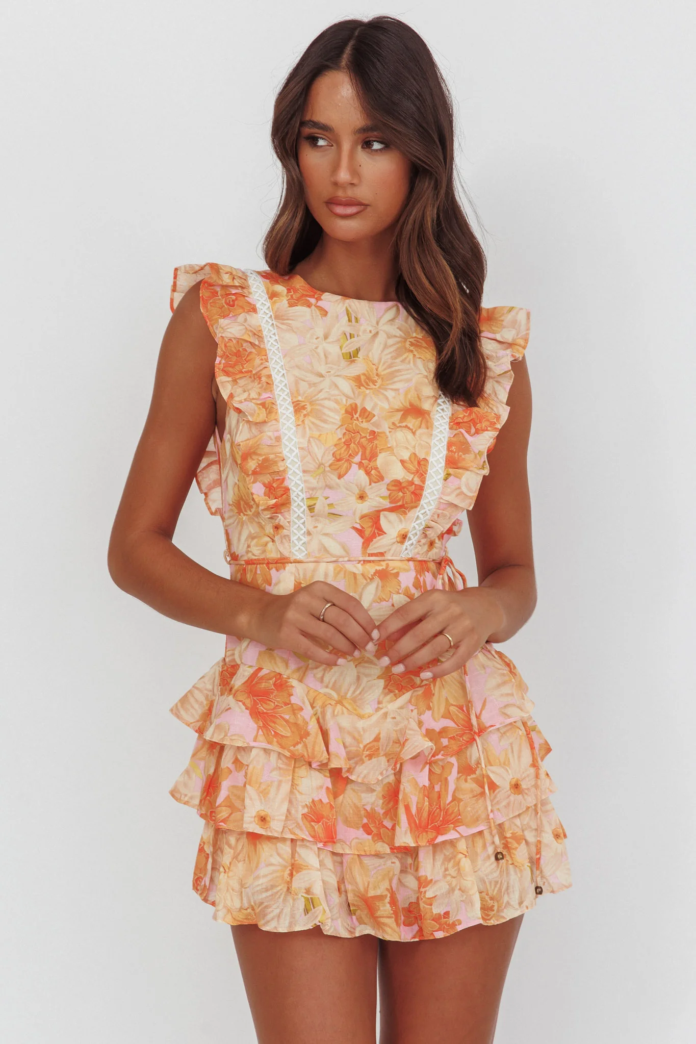 Weekend Muse Sleeveless Layered Frill Romper Flowers Yellow - Sonourner