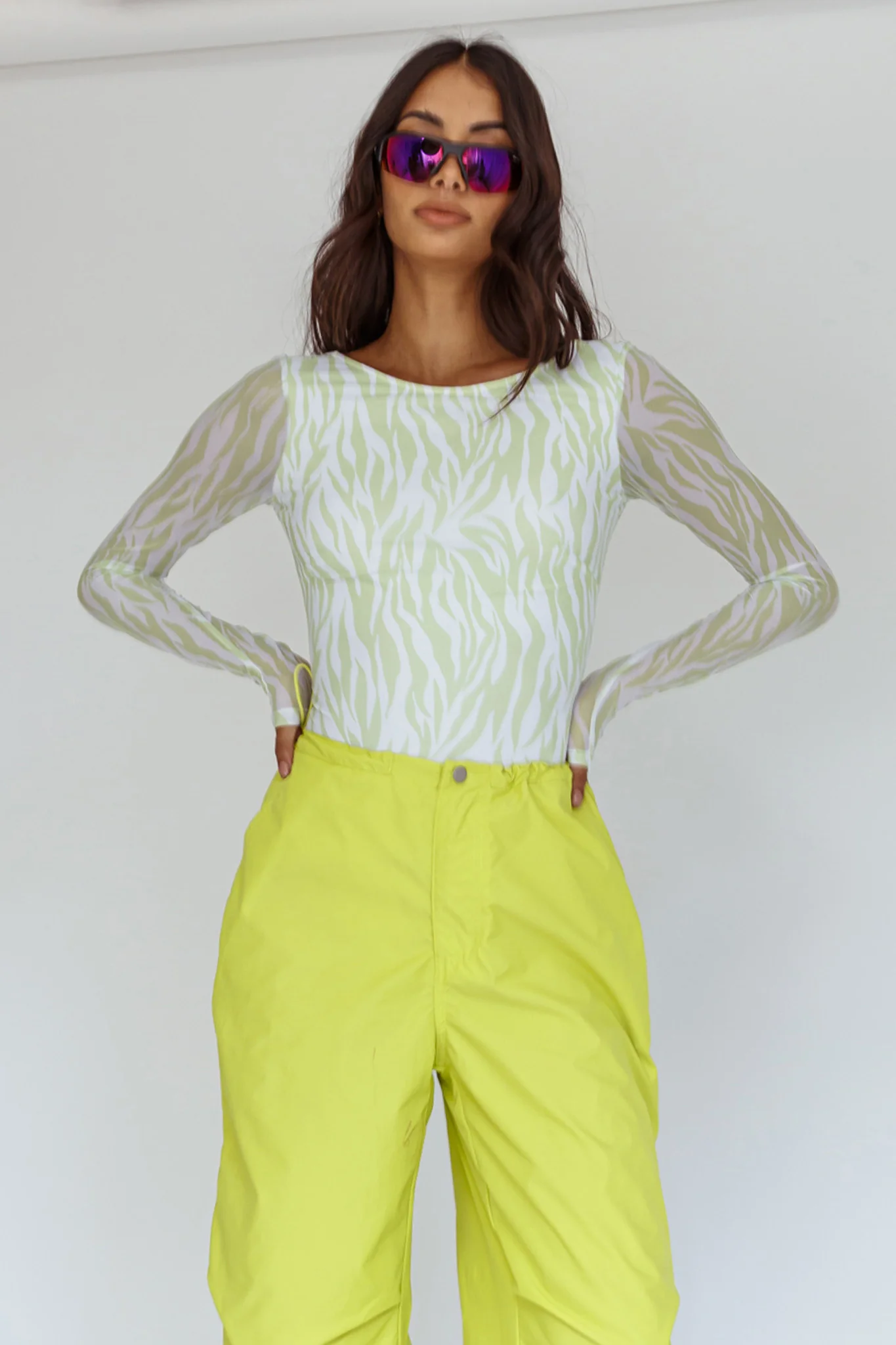 Juni Long Sleeve Low Back Mesh Bodysuit Tiger Lime - Sonourner