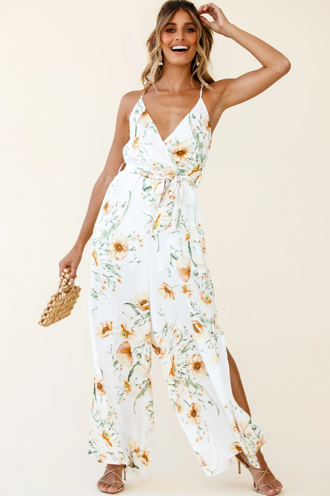 Miso Wide-Leg Cami Jumpsuit Floral Print White - Sonourner