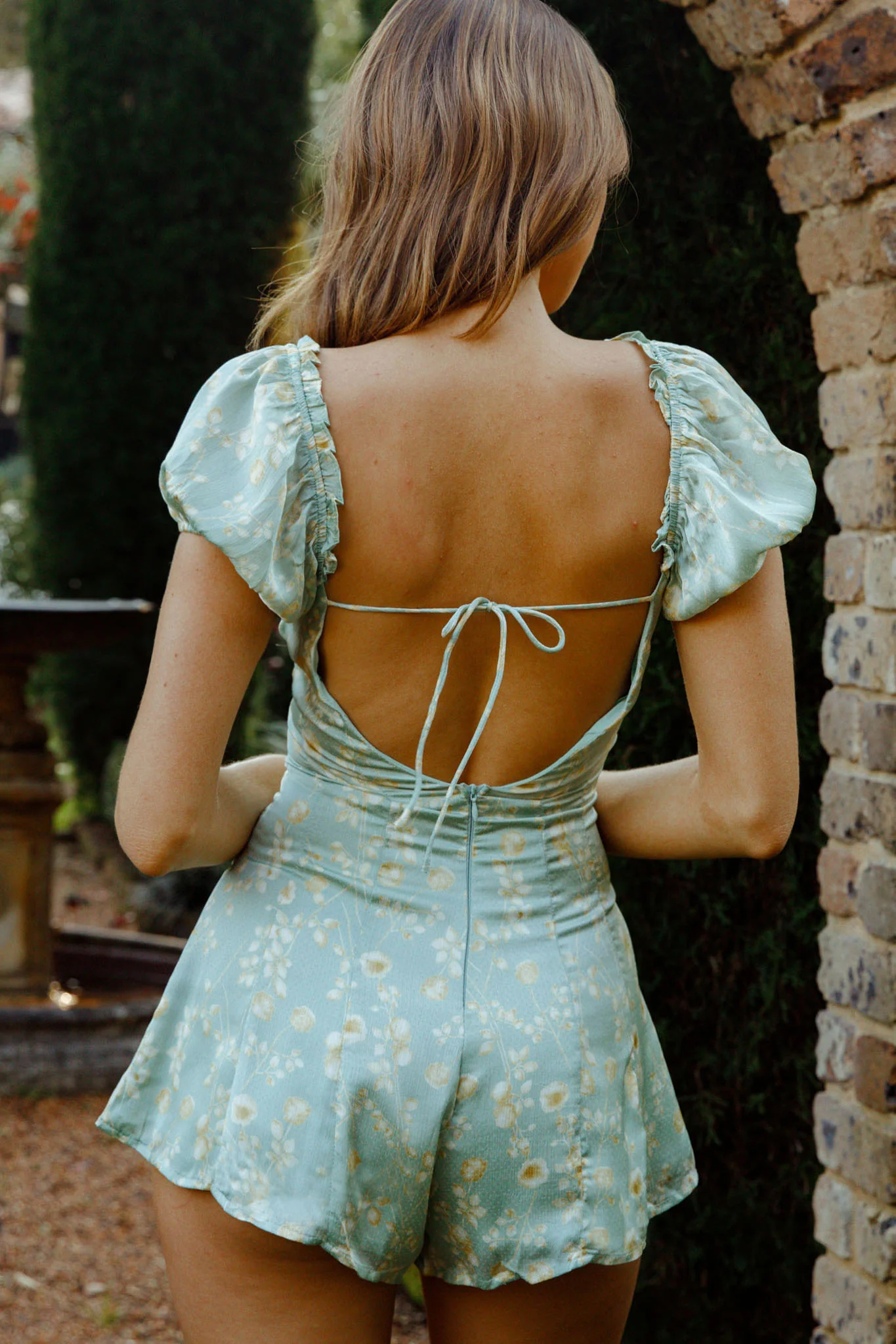 Flora Ruched Bust Puff Sleeve Romper Floral Print Mint - Sonourner