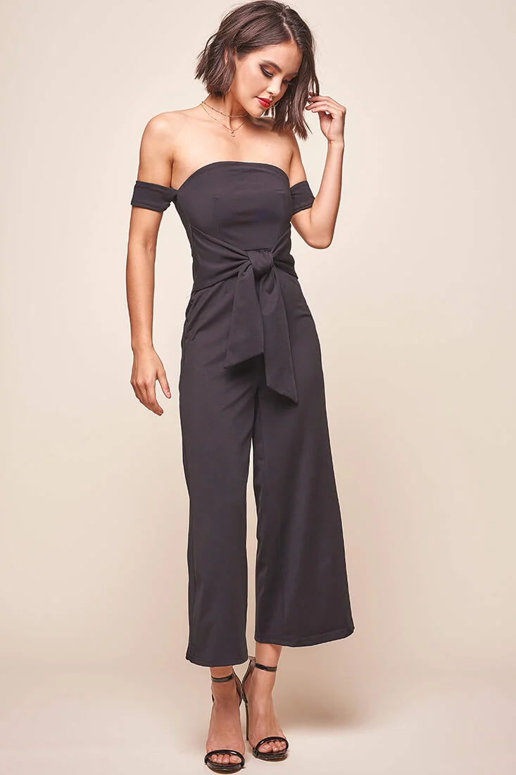 Joan Off Shoulder Waist Tie Wide Leg Jumpsuit Black - Sonourner