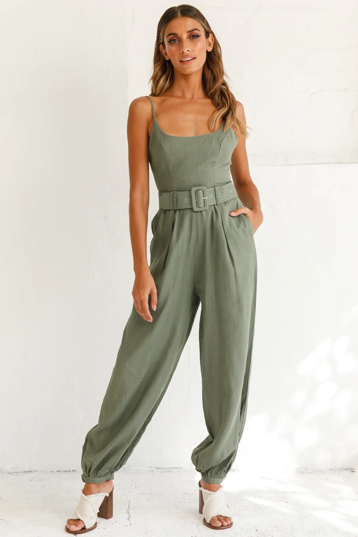 Santa Barbara Cuffed Hem Belted Jumpsuit Olive - Sonourner