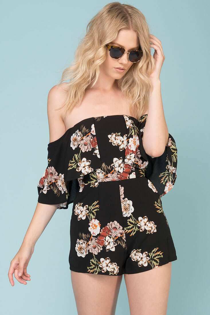 Dixie Floral Print Romper Black - Sonourner