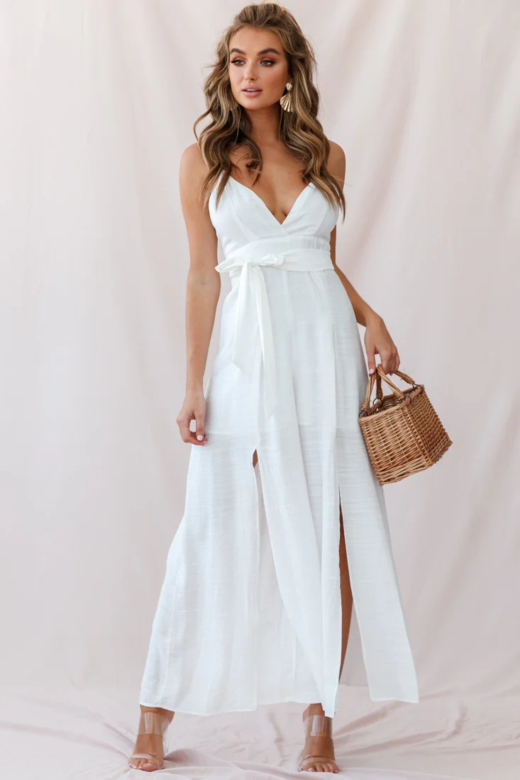 Taylor V-Neck Split Wide Leg Jumpsuit White - Sonourner