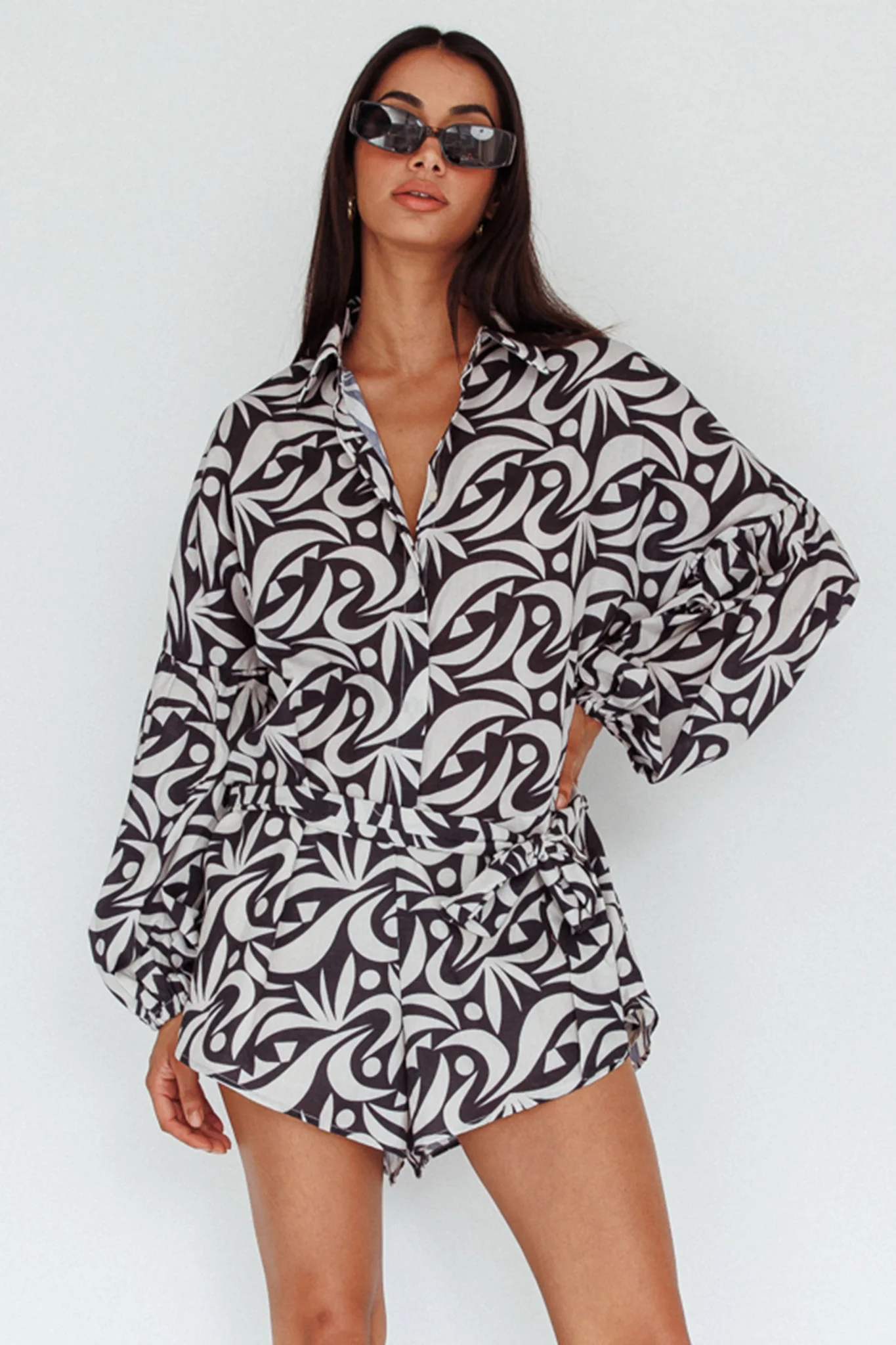 Daytona Beach Long Sleeve Shirt Romper Print Black - Sonourner
