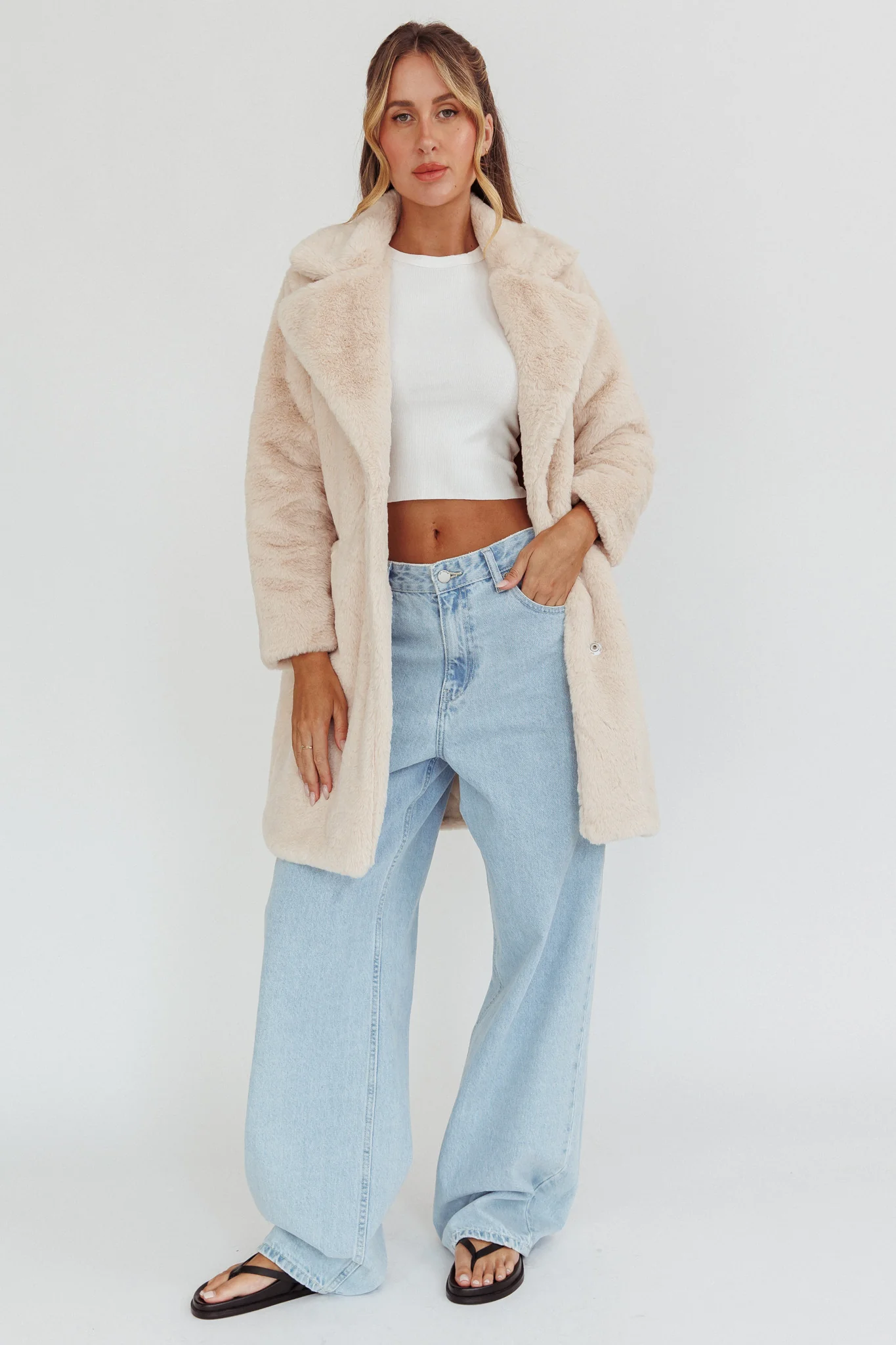 Perceptions Longline Faux Fur Coat Beige - Sonourner