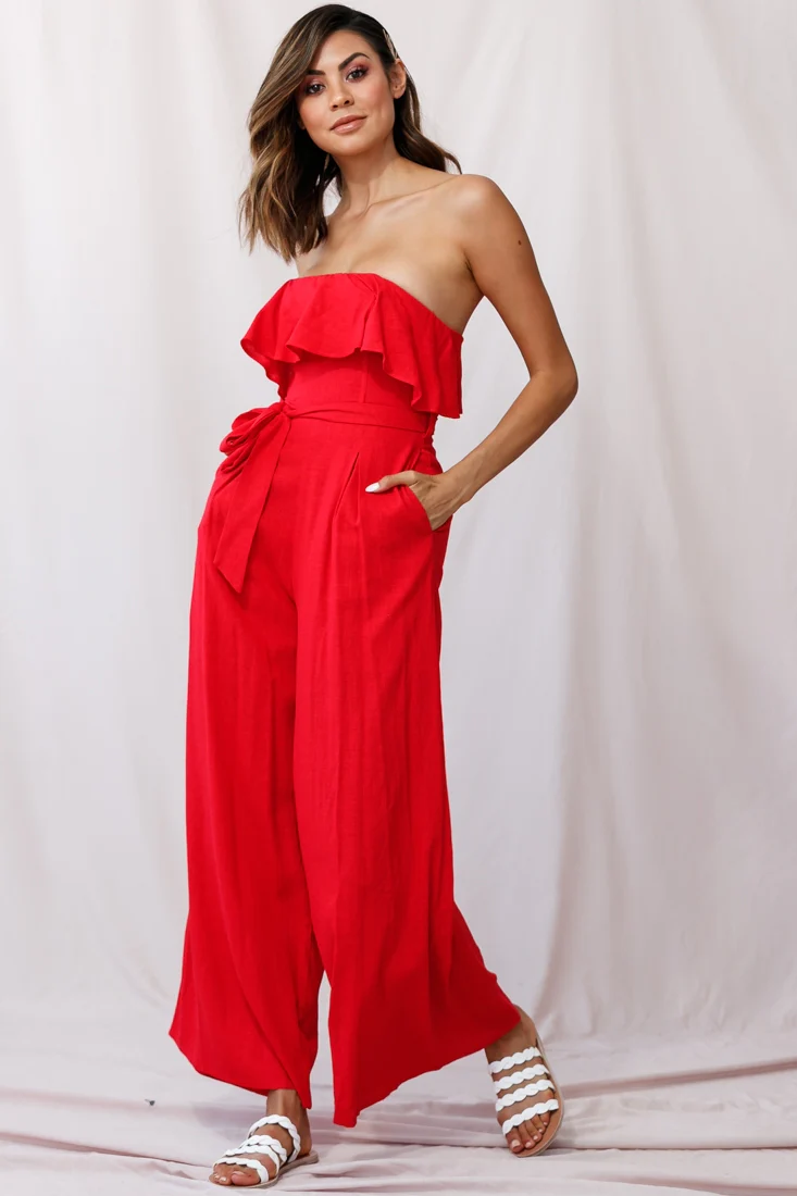 Hamilton Bandeau Ruffle Wide Leg Jumpsuit Red - Sonourner
