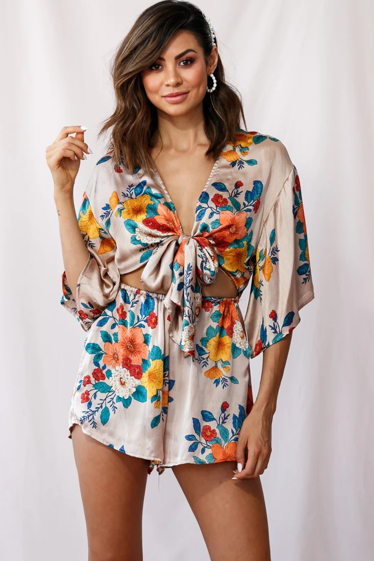 Rivera Tie-Knot Bell Sleeve Romper Mocha - Sonourner