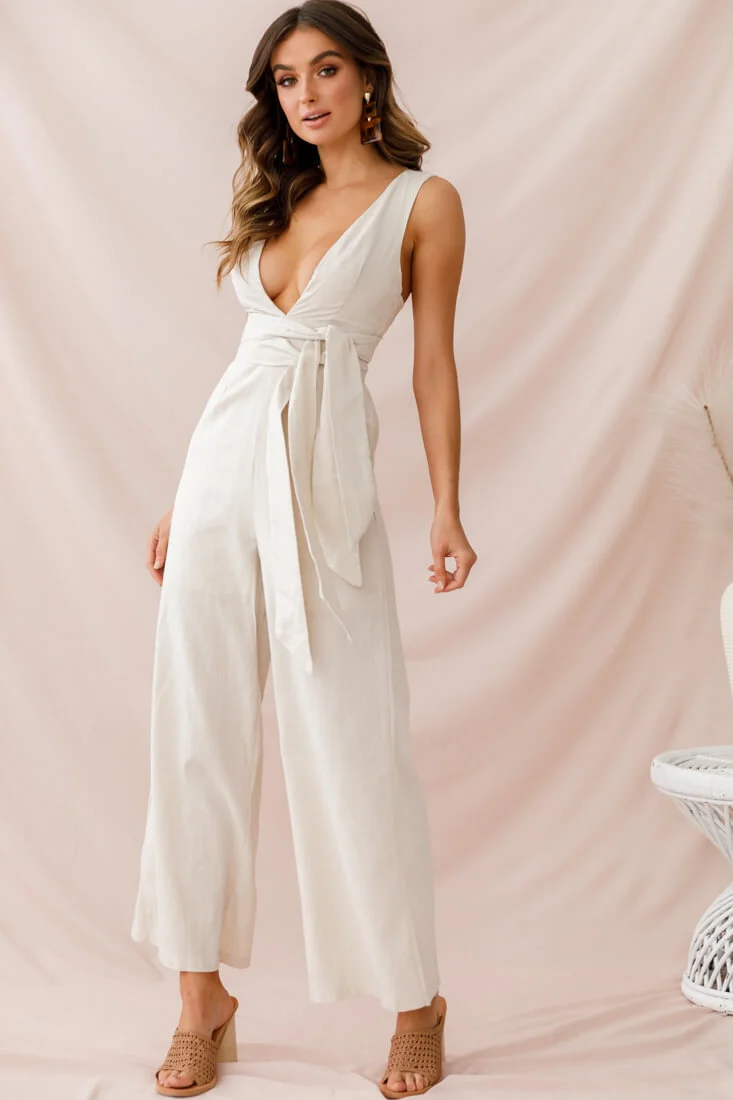 Dylan V-Neckline Wide Leg Jumpsuit Beige - Sonourner