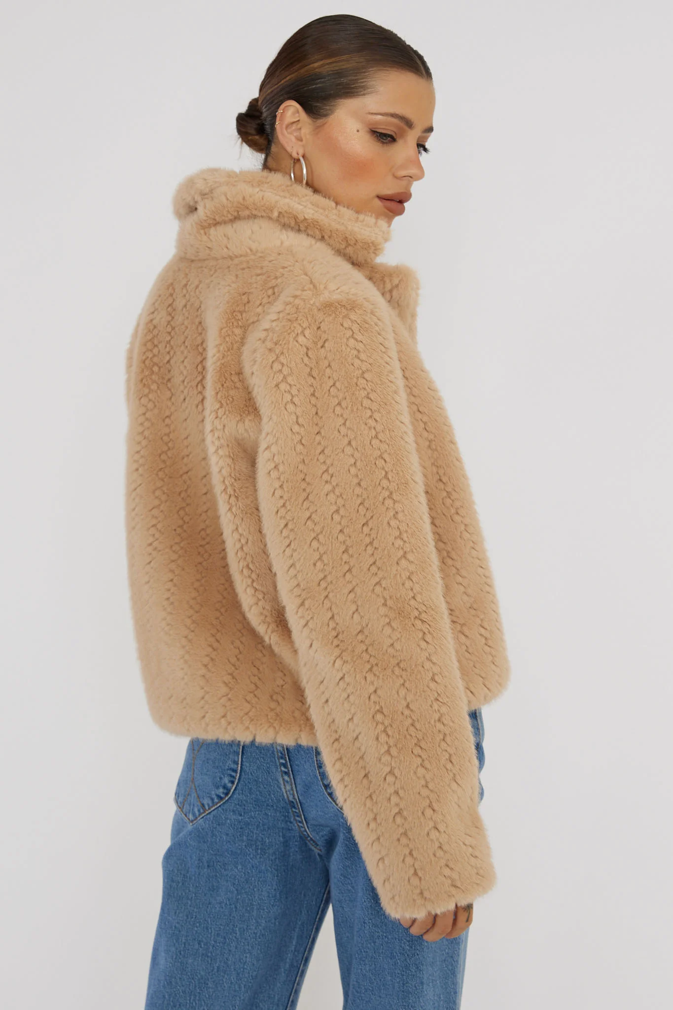 Savelle Notch Lapel Faux Fur Jacket Camel - Sonourner