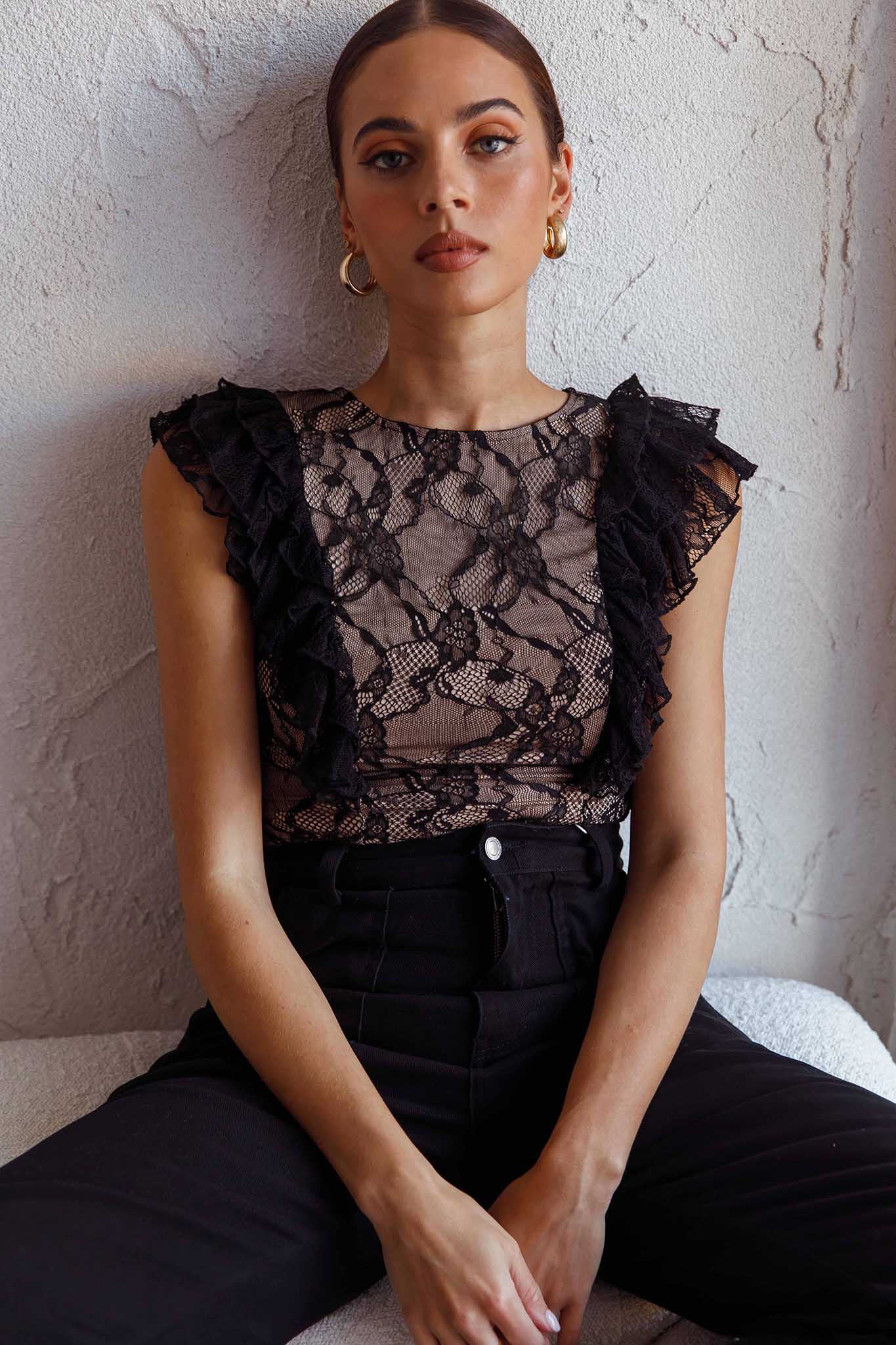 Spring Fling Frill Trim Lace Bodysuit Black - Sonourner