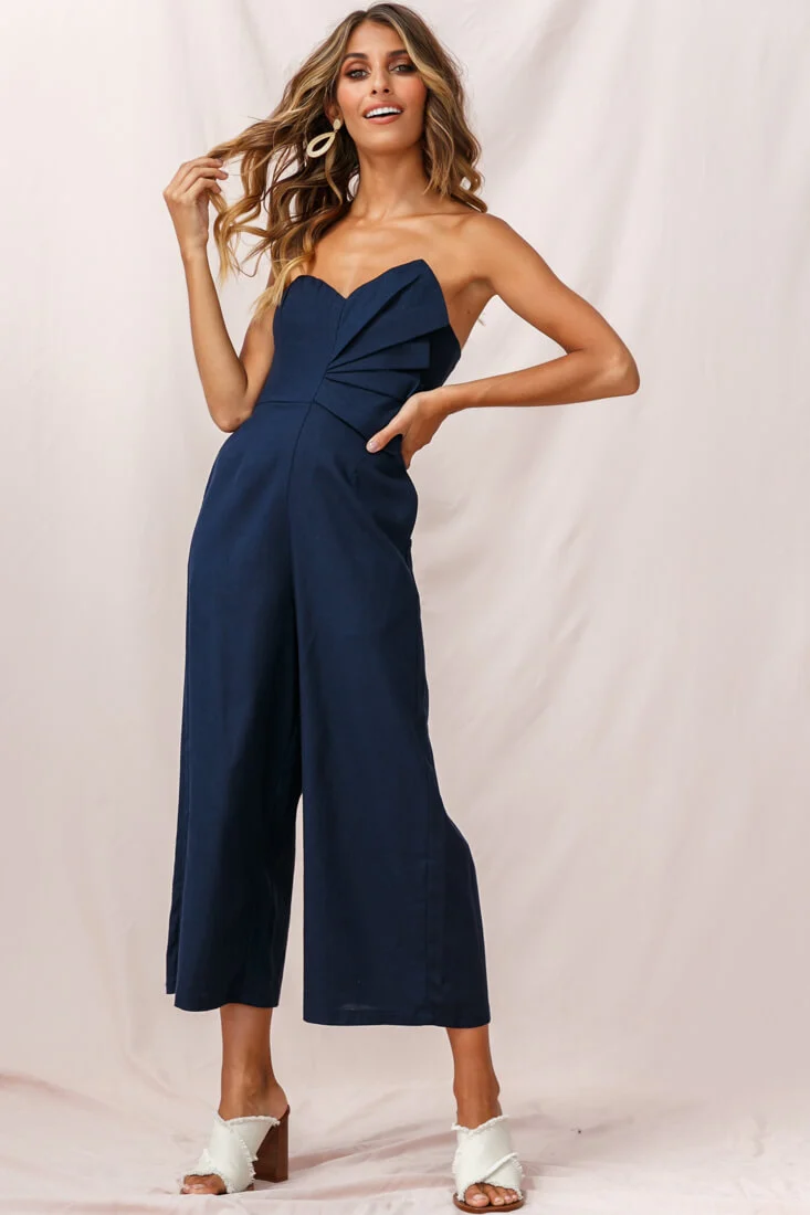 Call Me Wide-Leg Linen Bandeau Jumpsuit Navy - Sonourner