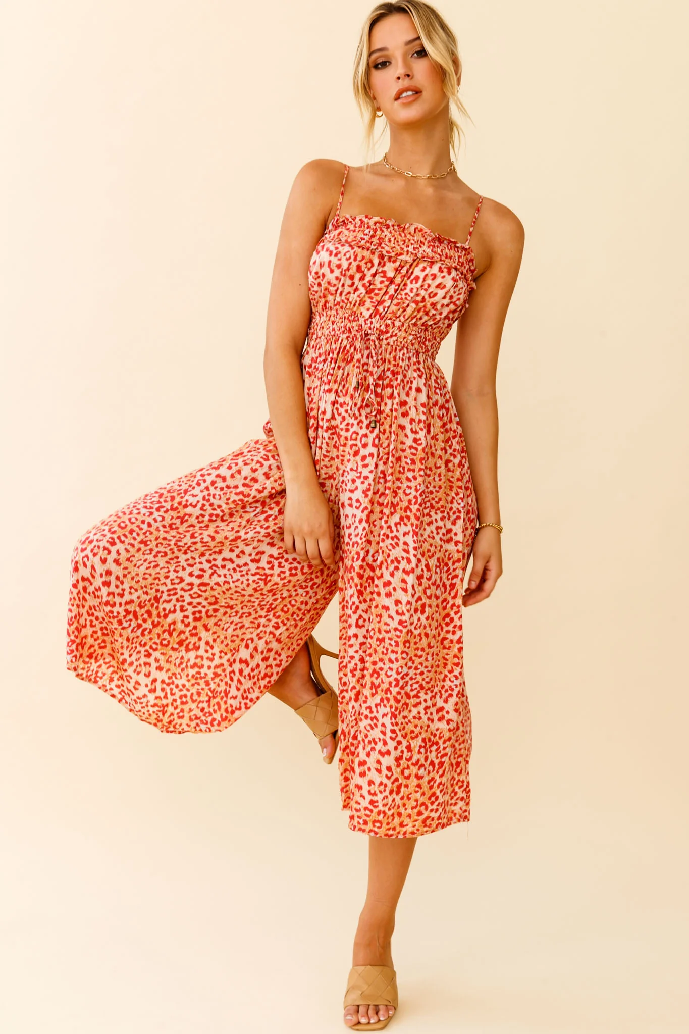Weekend Escape Cami Strap Drawstring Jumpsuit Animal Print Orange - Sonourner
