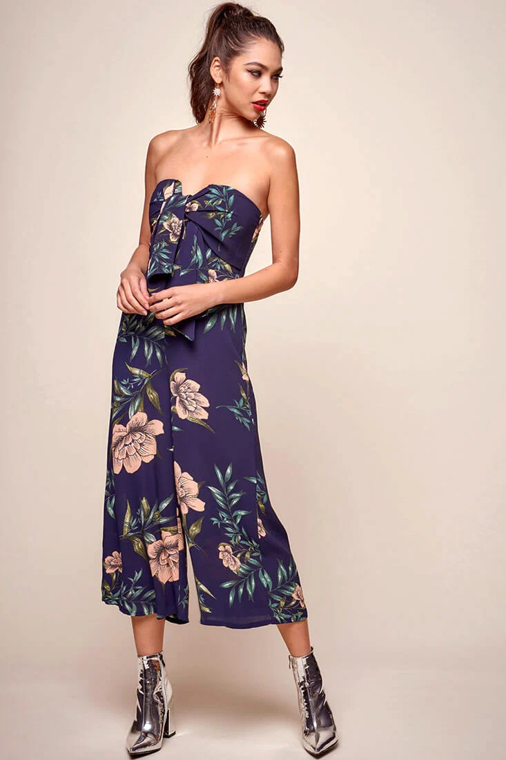 Khloe Floral Bow Tie Jumpsuit Navy - Sonourner