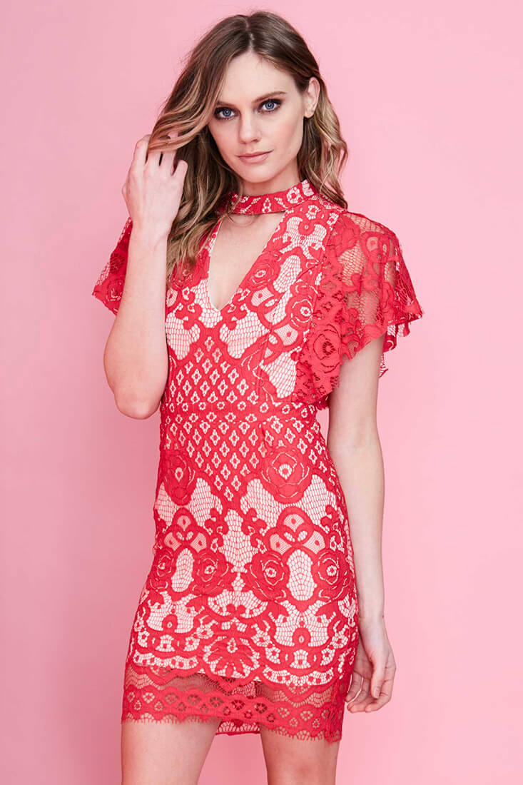 Vesper Lace Mini Dress Red - Sonourner
