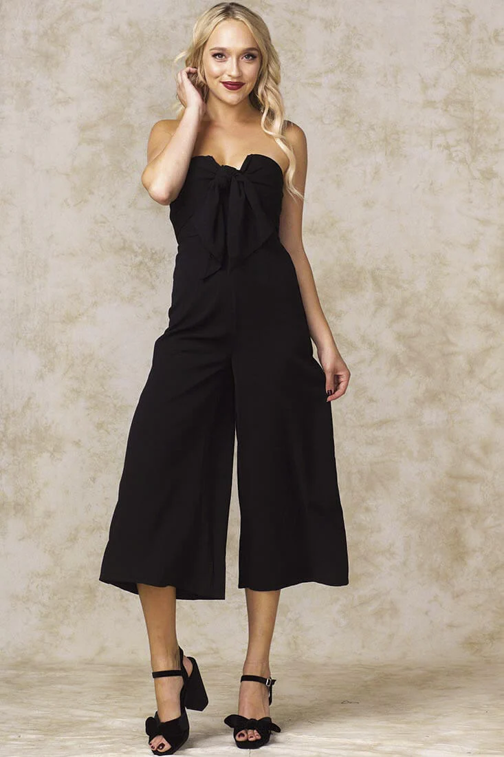 Khloe Bow Tie Wide Leg Jumpsuit Black - Sonourner