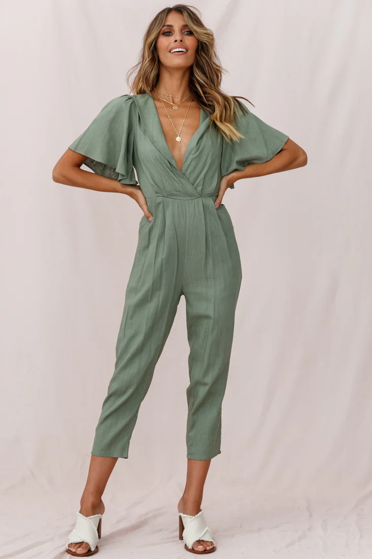 Dana Straight Leg Collared Neck Jumpsuit Olive - Sonourner