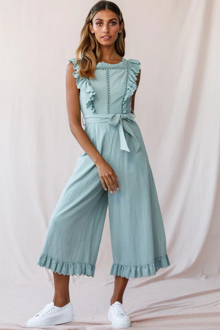 Meadow Ruffle Strap Open Back Midi Jumpsuit Sage - Sonourner