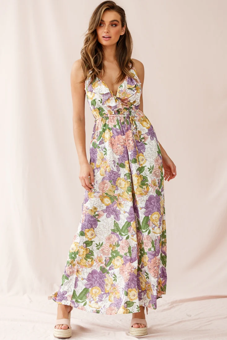 Melita Ruffle V-Neckline Jumpsuit Purple Print - Sonourner