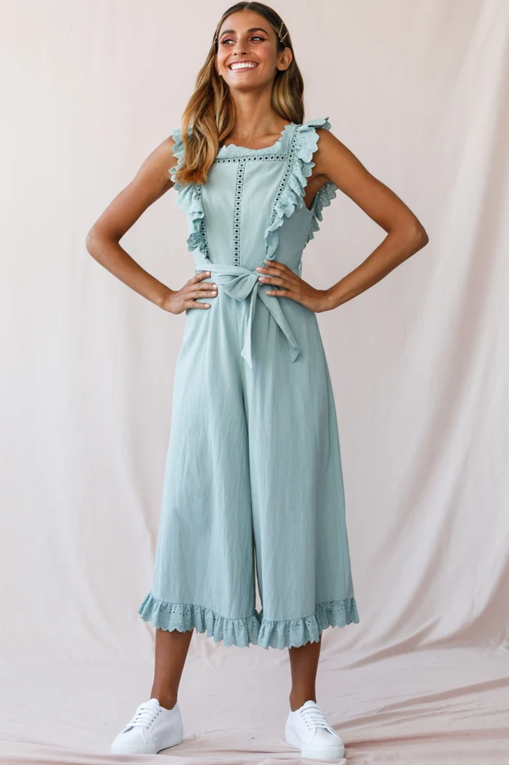 Meadow Ruffle Strap Open Back Midi Jumpsuit Sage - Sonourner