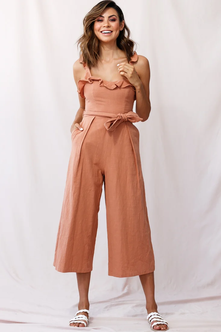 Kaia Ruffle Strap Wide-Leg Capri Jumpsuit Tan - Sonourner
