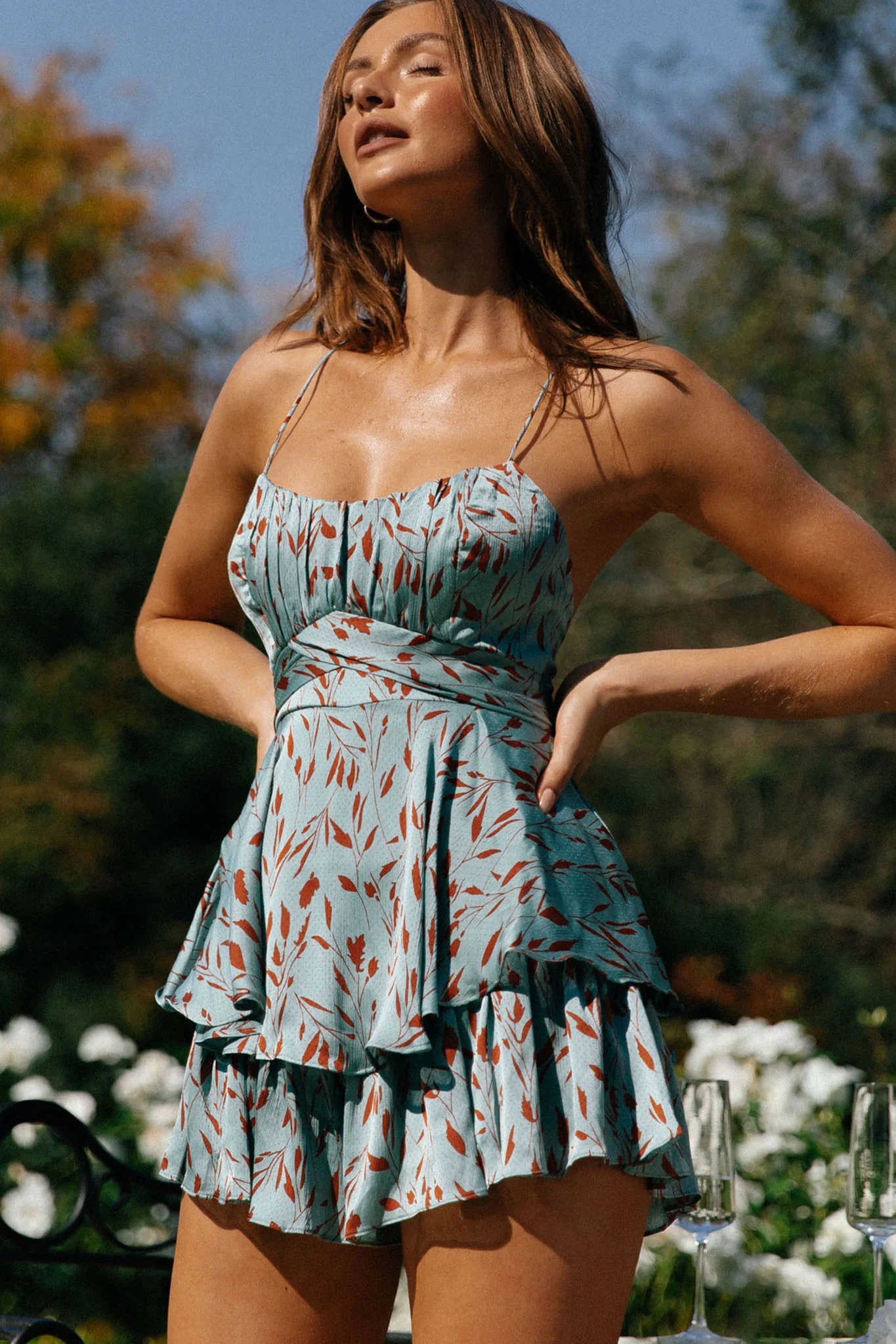 Linka Cami Strap Tie-Back Romper Leaf Print Teal - Sonourner