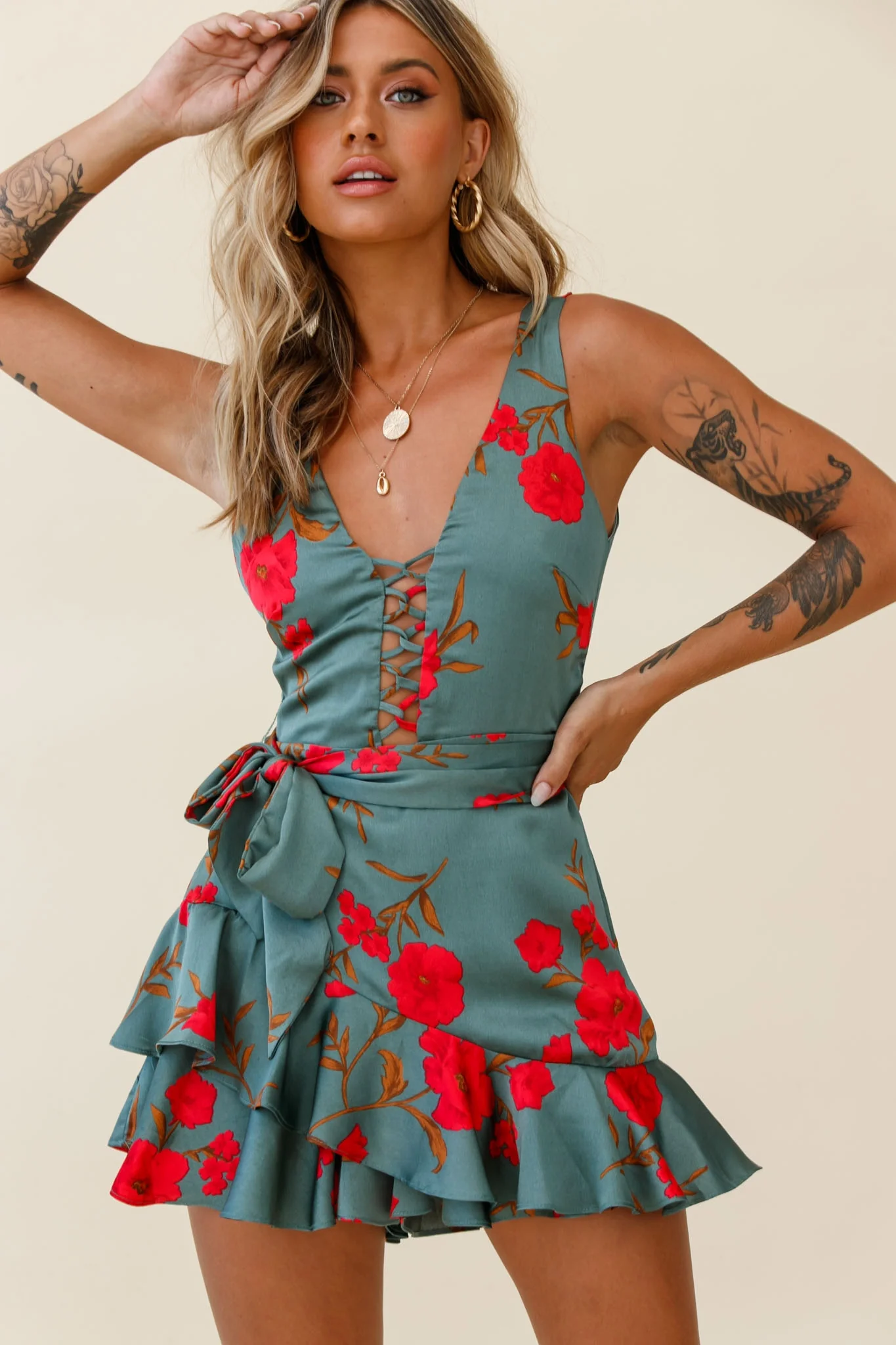 Wishful Thinking Plunging Neckline Ruffle Hem Romper Floral Print Sage - Sonourner