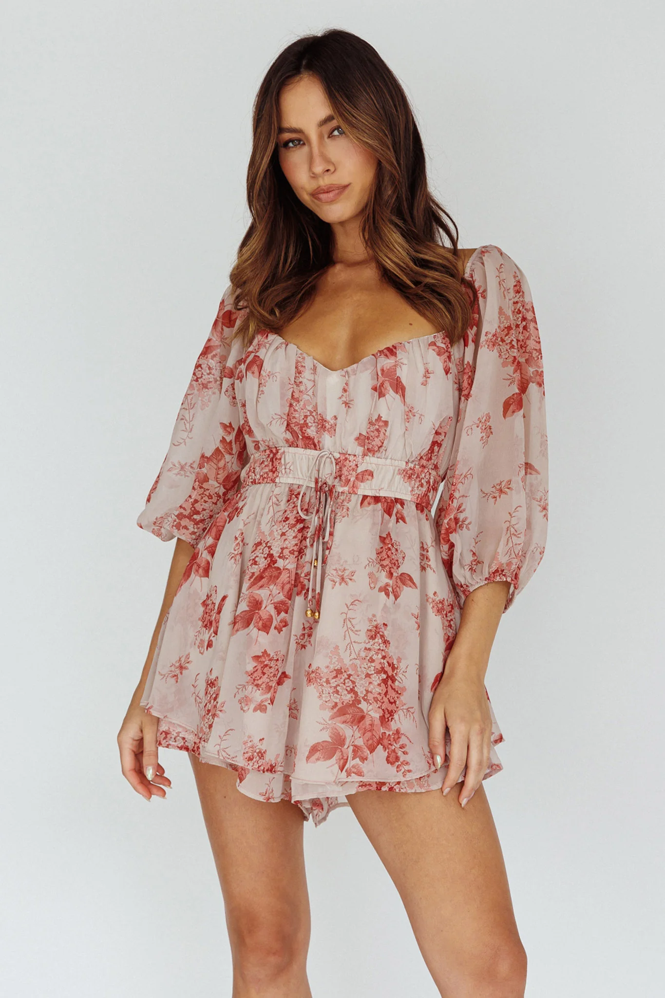 First Light Puff Sleeve Elasticated Waist Romper Floral Print Rose - Sonourner
