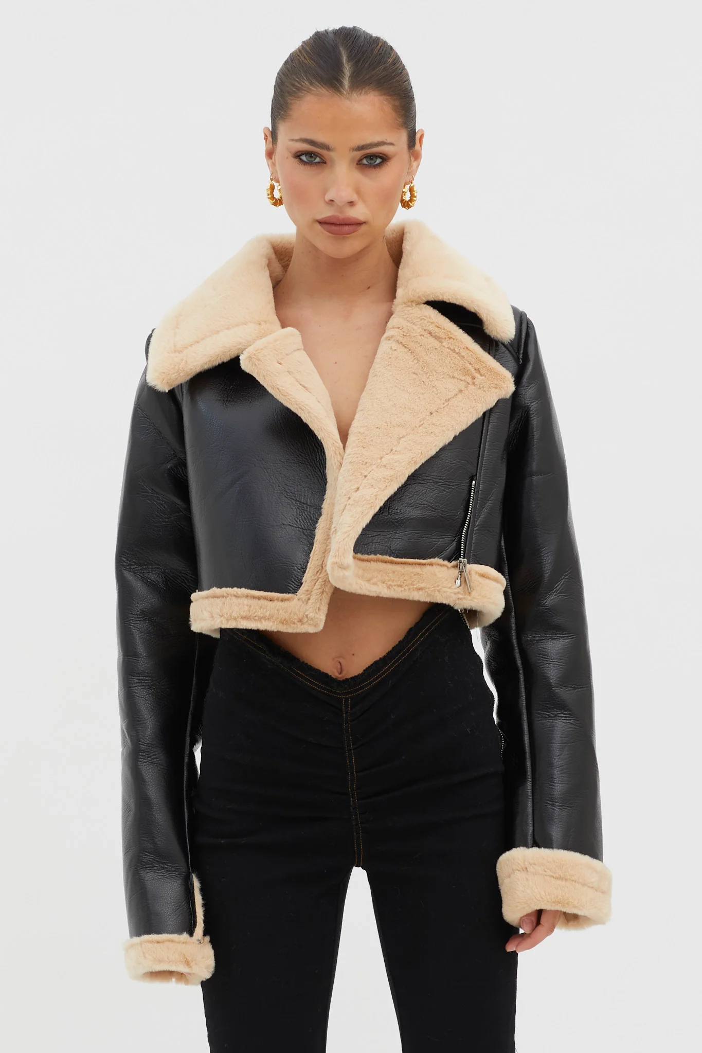 High Altitude Faux Fur Biker Jacket Black/Taupe - Sonourner