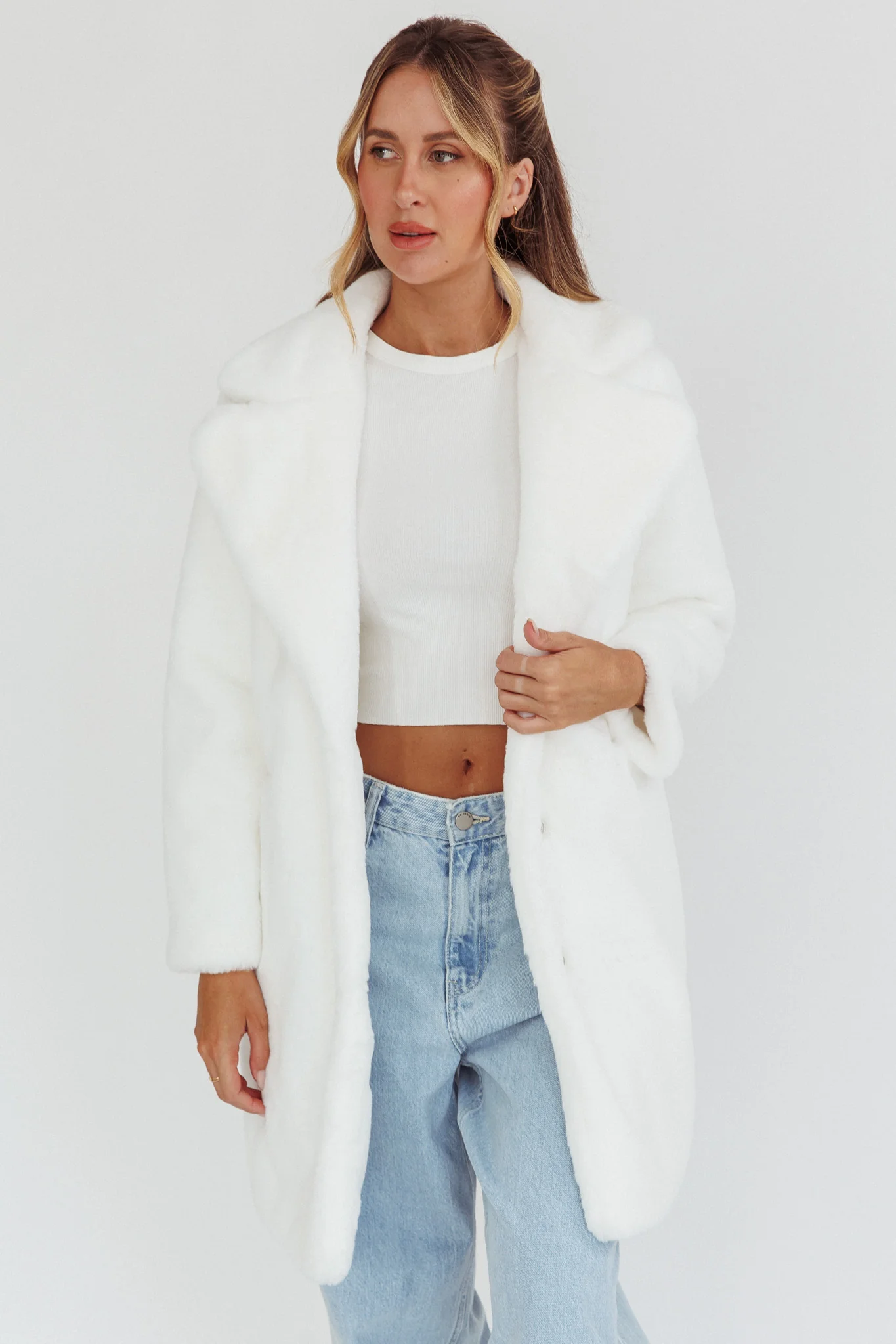 Perceptions Longline Faux Fur Coat White - Sonourner