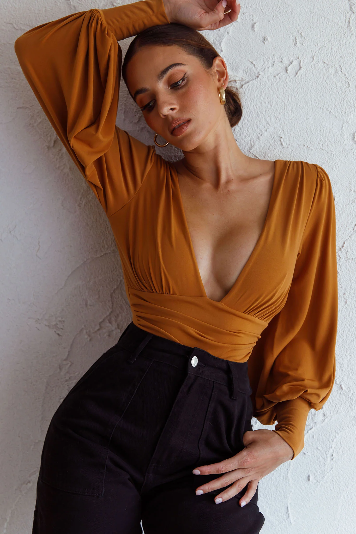 Sunsets In Tahiti Deep V-Neckline Lantern Sleeve Bodysuit Tan - Sonourner