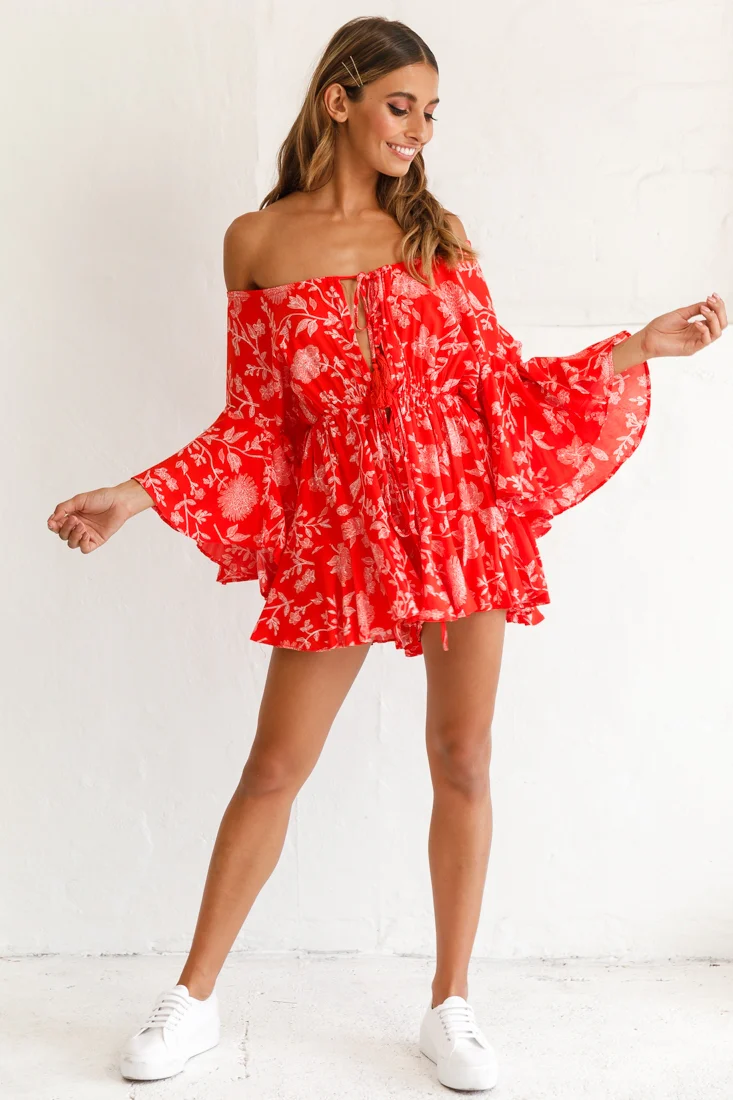 Fiona Drawstring Floral Romper Red - Sonourner