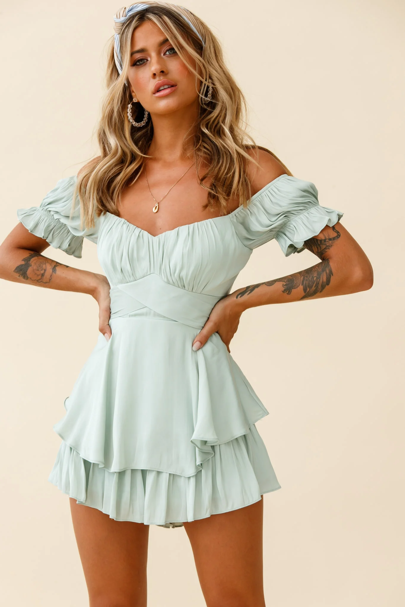 Linka Off-Shoulder Tie Back Romper Pistachio - Sonourner