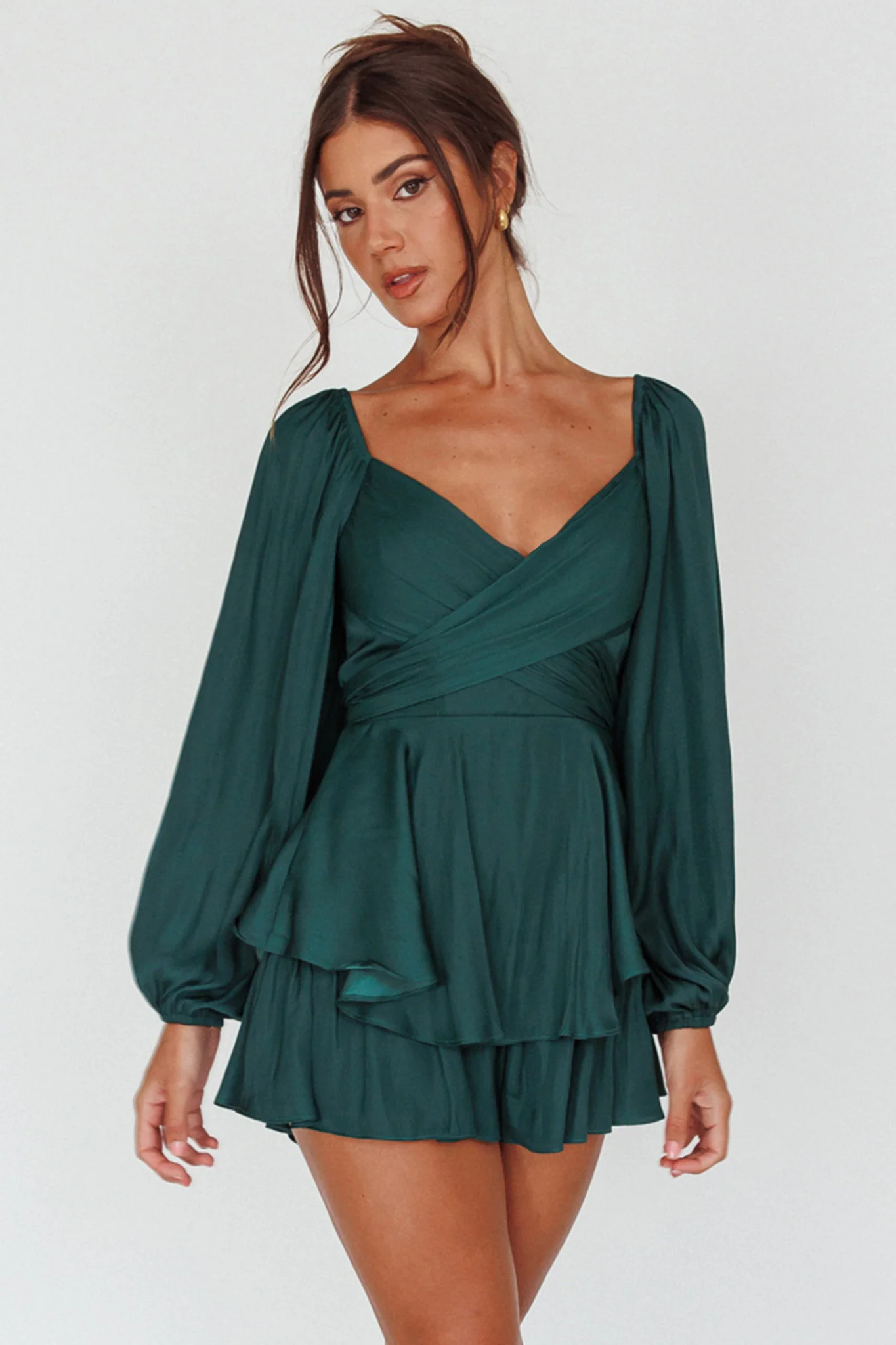 It's Complicated Long Sleeve Flounce Romper Forest Green - Sonourner