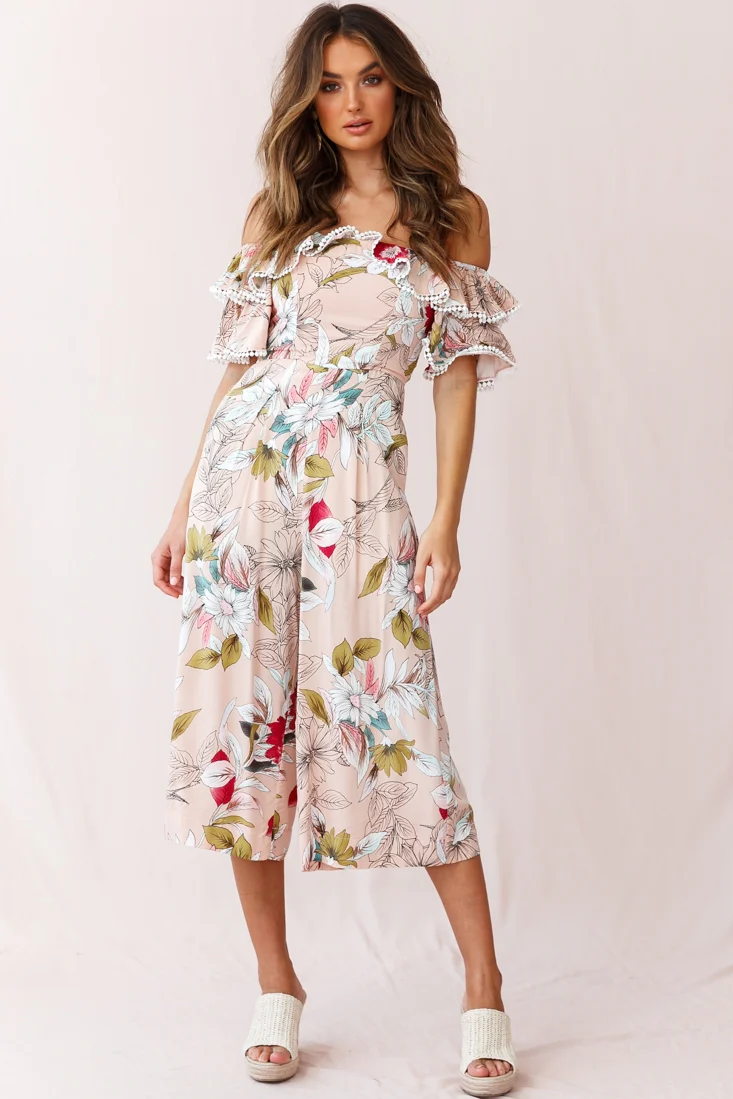 Keeper Off-Shoulder Culotte Jumpsuit Floral Print Mocha - Sonourner