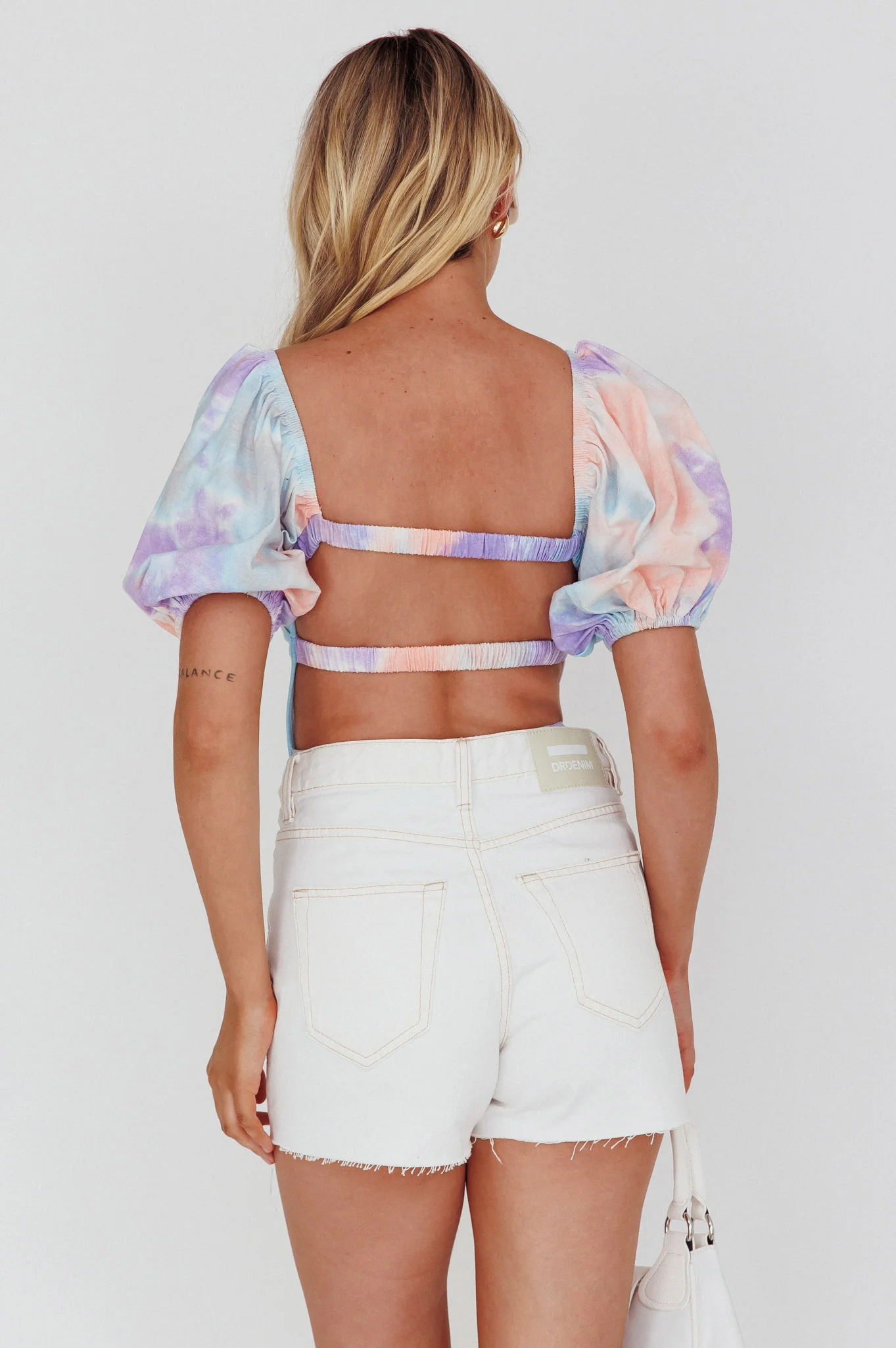 Just A Glimpse Puff Sleeve Open Back Bodysuit Tie-Dye Purple/Blue - Sonourner
