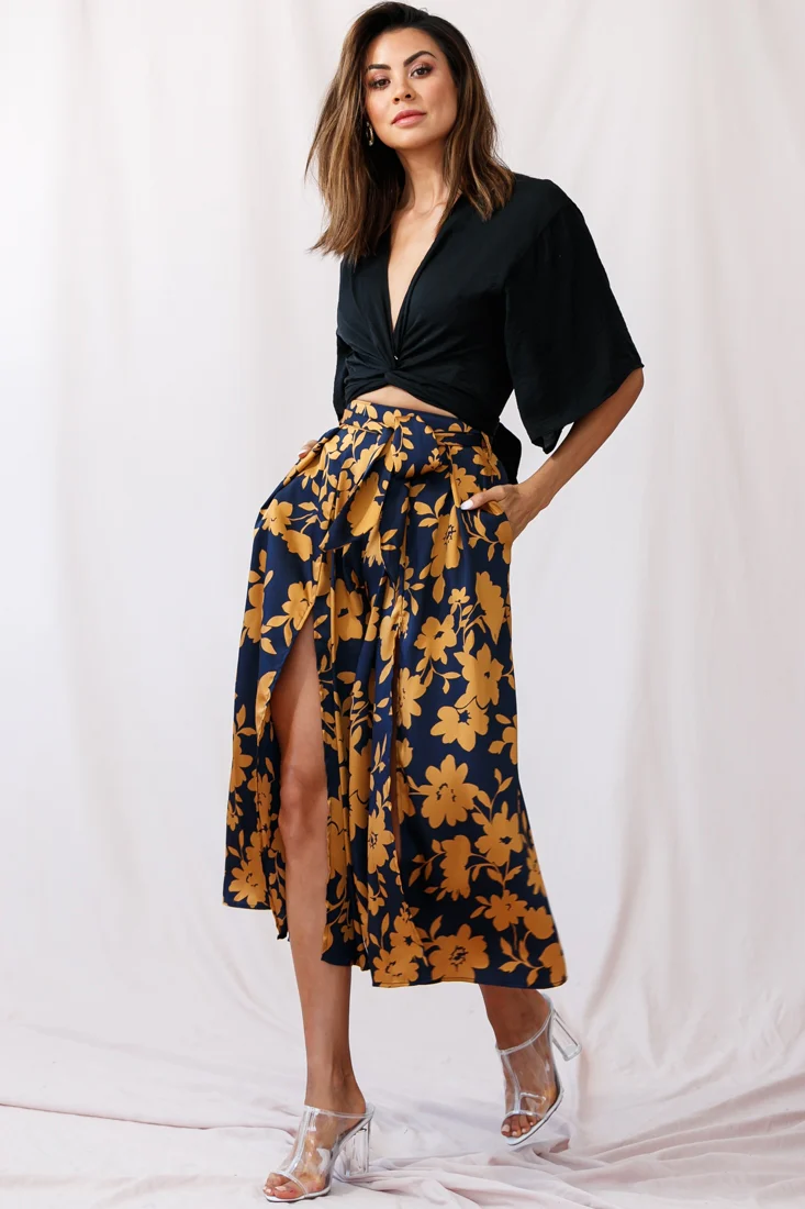 Danika Front Split Midi Culotte Pants Navy/Mustard - Sonourner