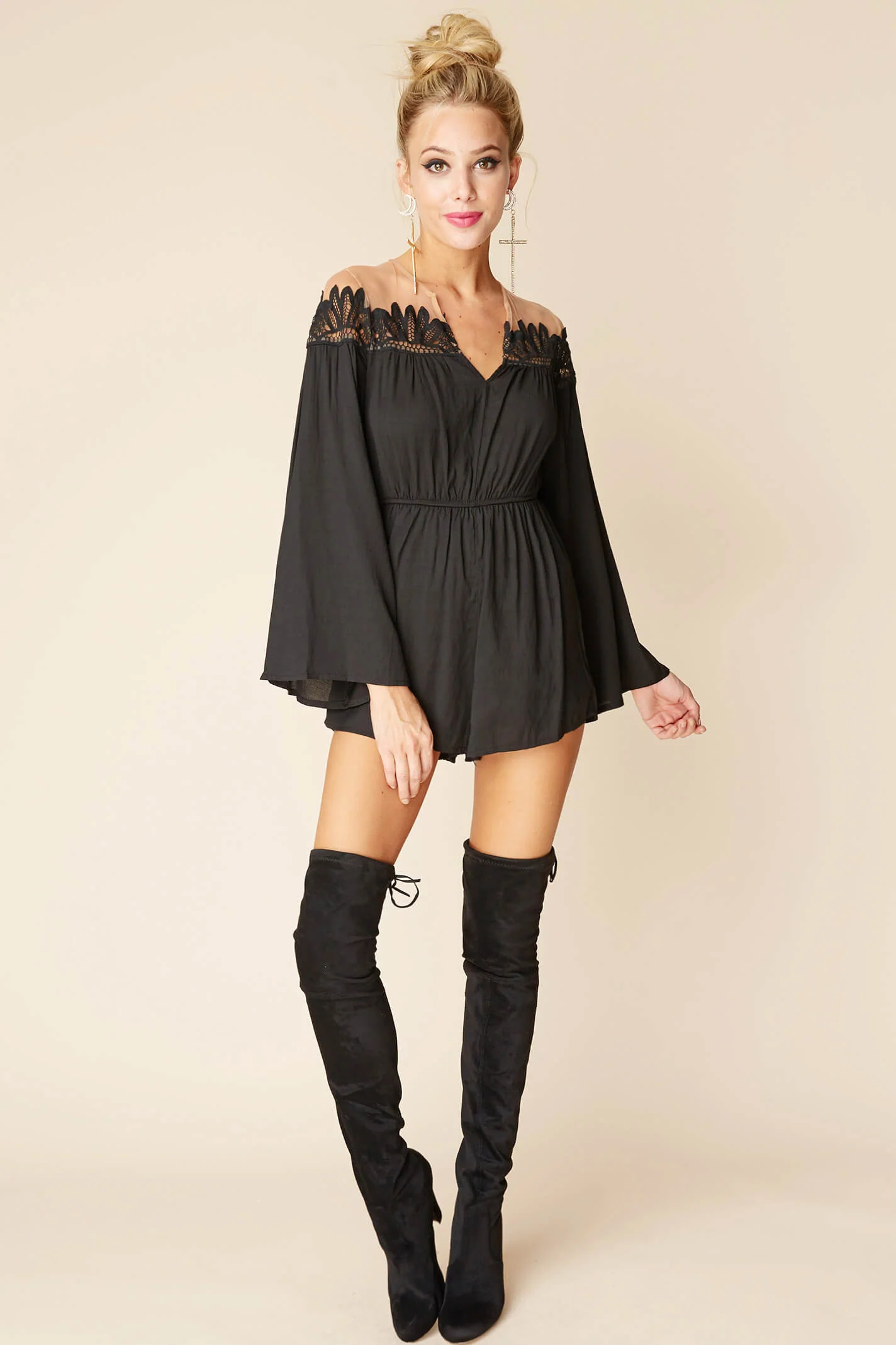 Brittany Bell Sleeve Romper Black - Sonourner