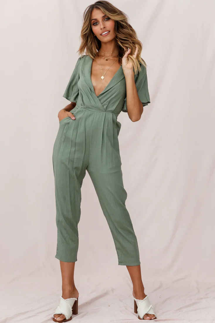 Dana Straight Leg Collared Neck Jumpsuit Olive - Sonourner