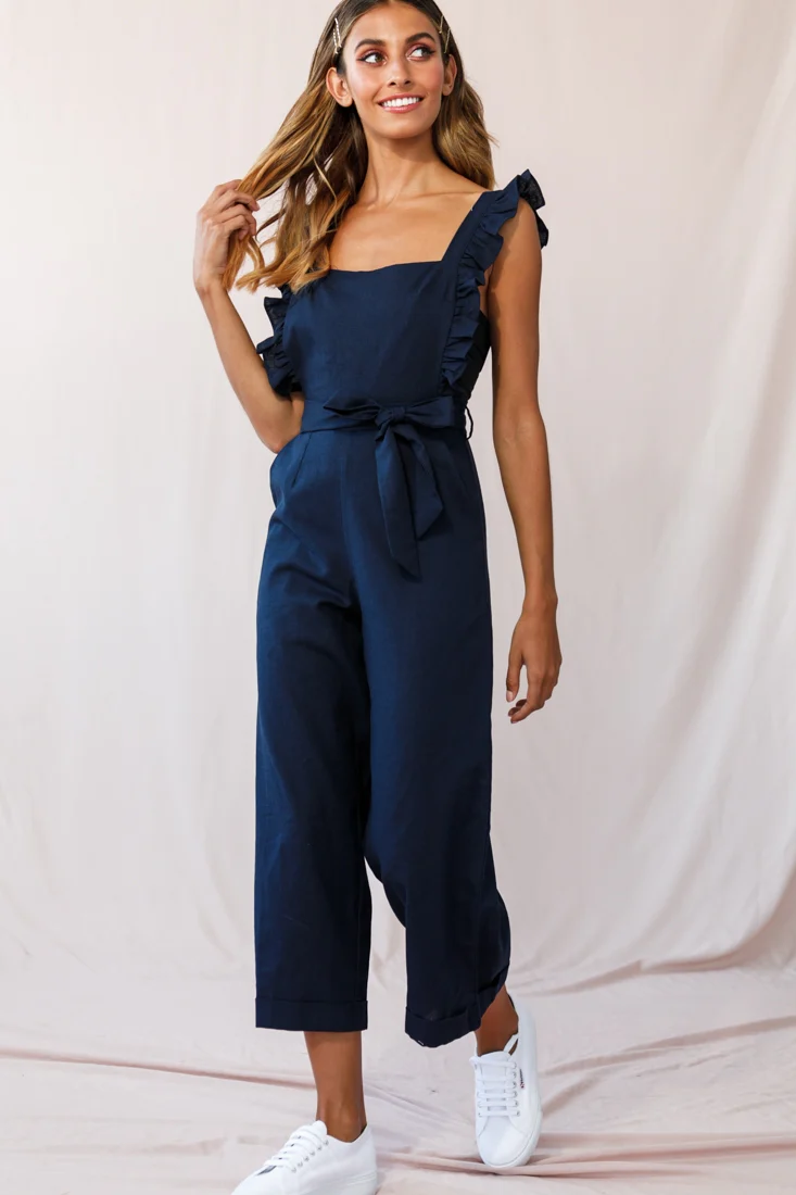 Serenade Ruffle Strap Pinafore Jumpsuit Navy - Sonourner