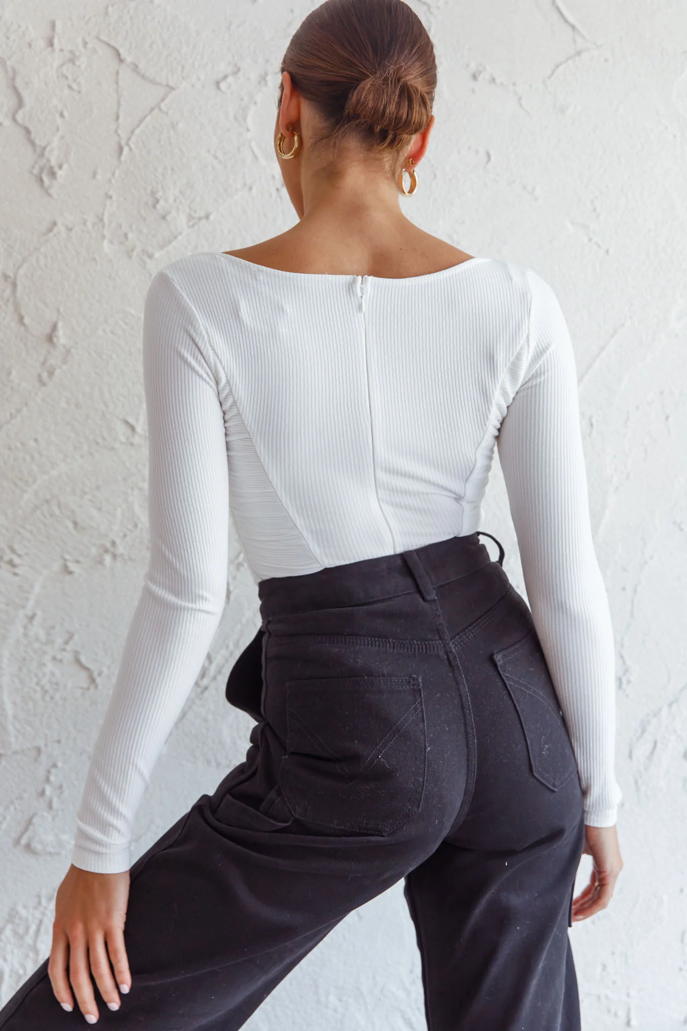 Bobbi Long Sleeve Ruched Side Ribbed Bodysuit White - Sonourner