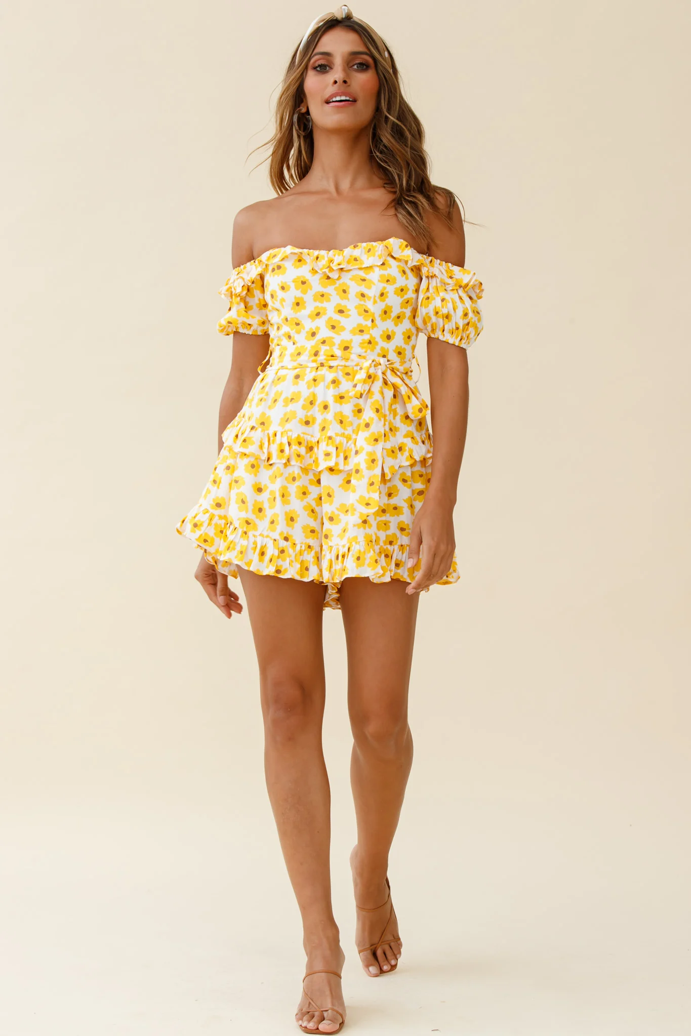 Tulsa Off Shoulder Waist Tie Frill Romper Floral Print White/Yellow - Sonourner