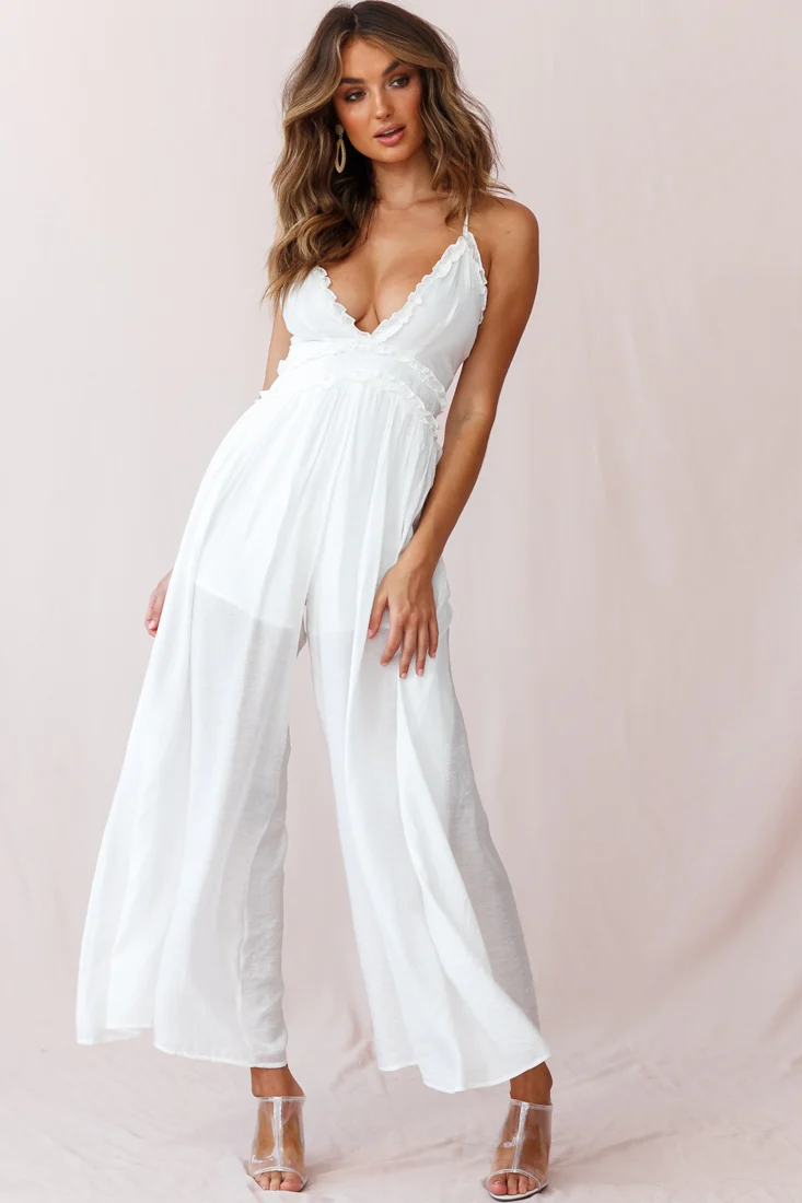 Laney Wide Leg Ruffle Detail Jumpsuit White - Sonourner
