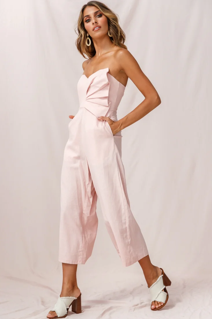 Call Me Wide-Leg Linen Bandeau Jumpsuit Blush - Sonourner