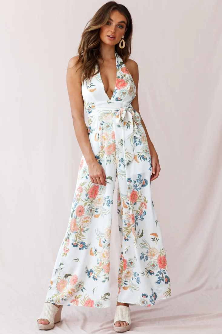 Make Me Halterneck Low Back Jumpsuit Floral Print White - Sonourner