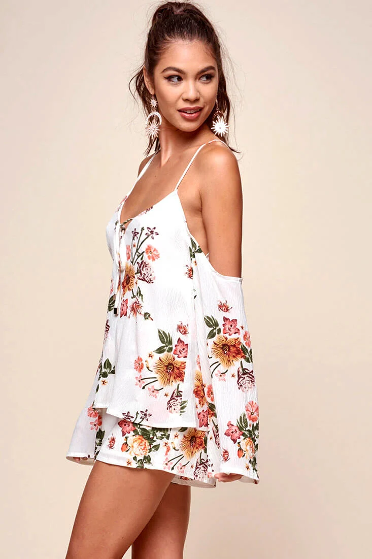 Ashanti Off the Shoulder Layered Floral Romper White - Sonourner