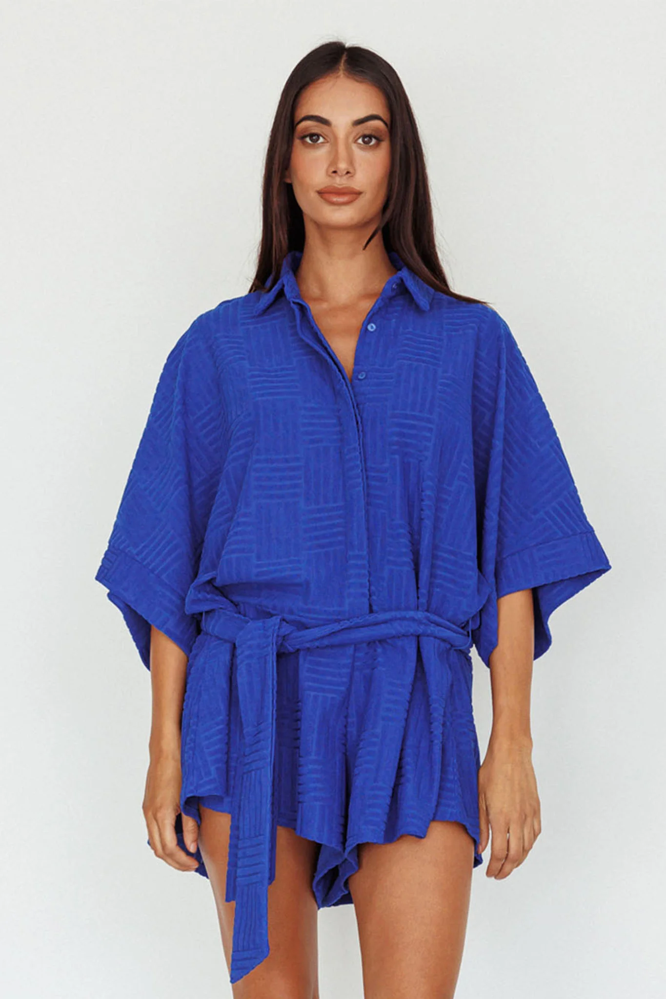 Daytona Beach Button-Up Romper Textured Blue - Sonourner