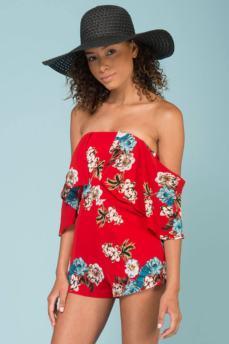 Dixie Floral Print Romper Red - Sonourner