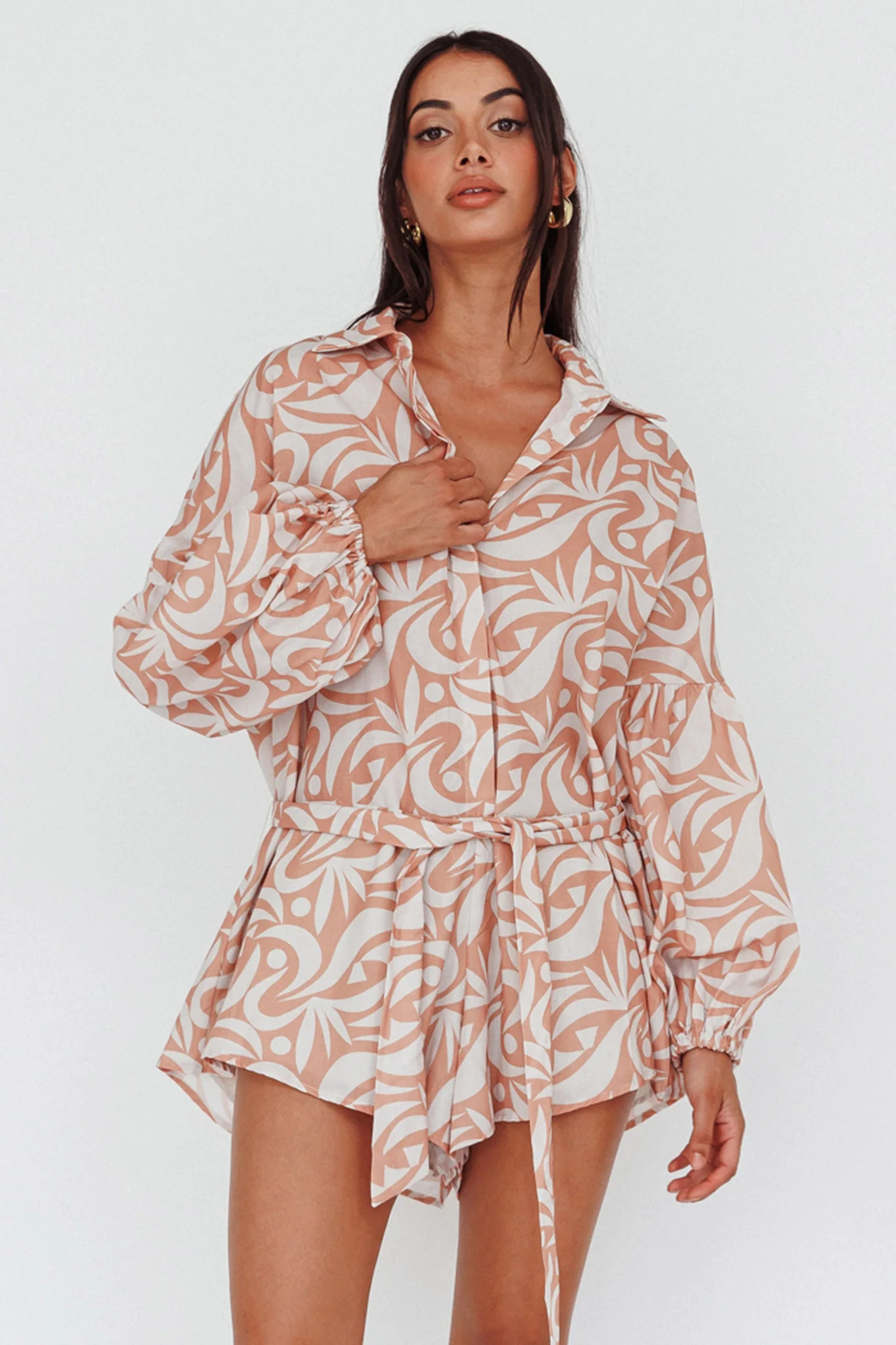 Daytona Beach Long Sleeve Shirt Romper Print Peach - Sonourner